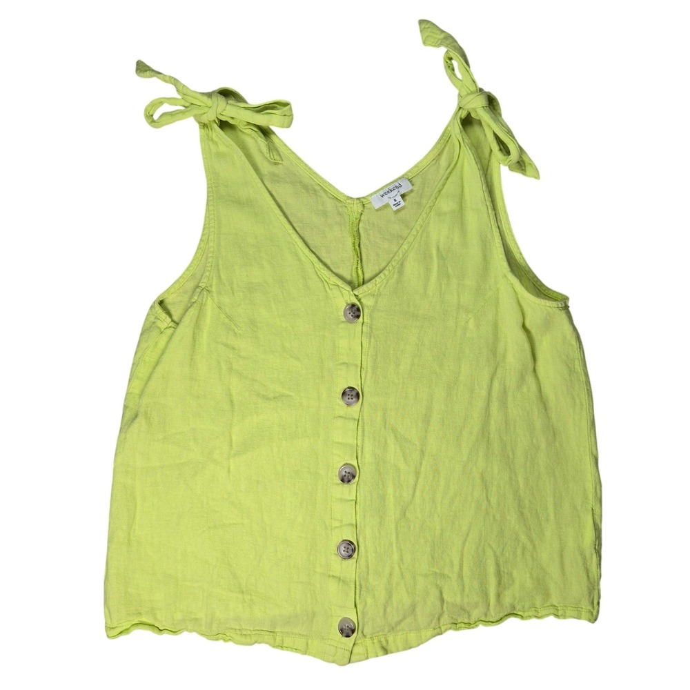 Weekend Los Angeles Lime Green Linen Blend Tie Shoulder Button‎ Front Tank Top S